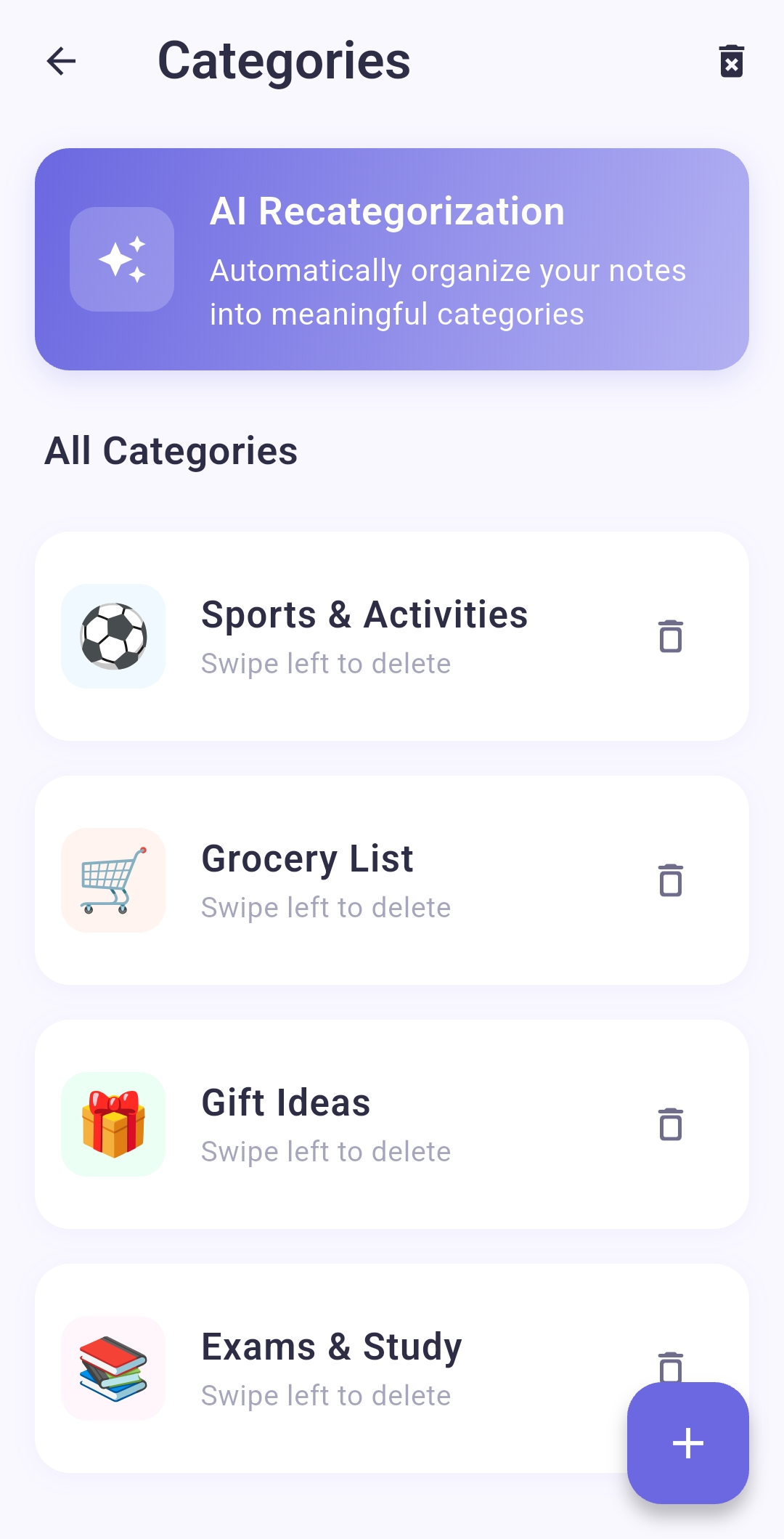 MindFind categories page showing AI-powered organization